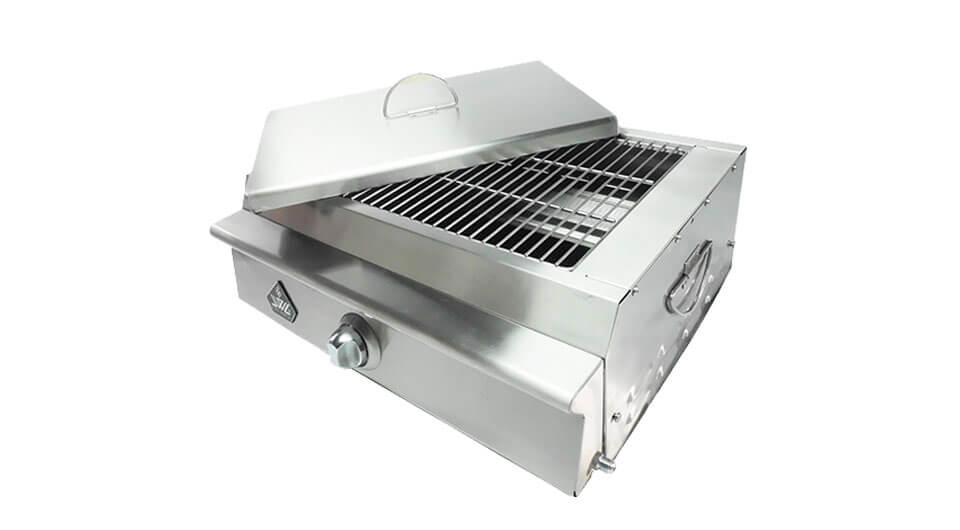 The SL-102 model of stainless steel infrared BBQ grill with warmer lid(open)