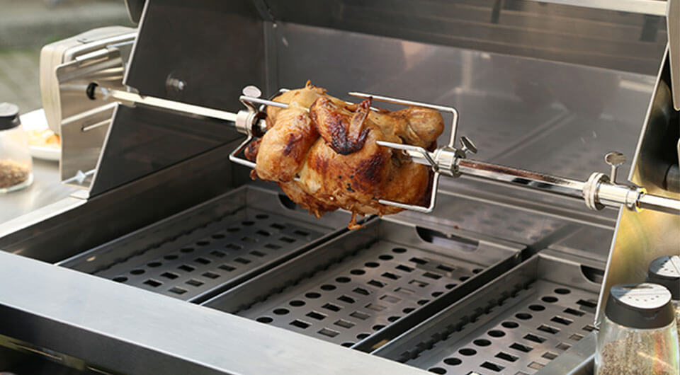 The gas and charcoal grill can be used to roast whole chicken.